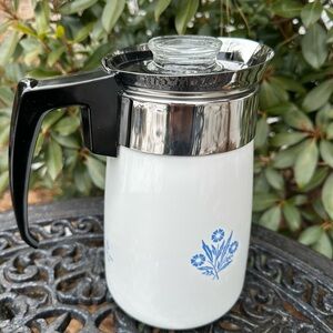 1960’s Corning Ware White w Blue Cornflower 6 Cup Stovetop Coffee Percolator NOS